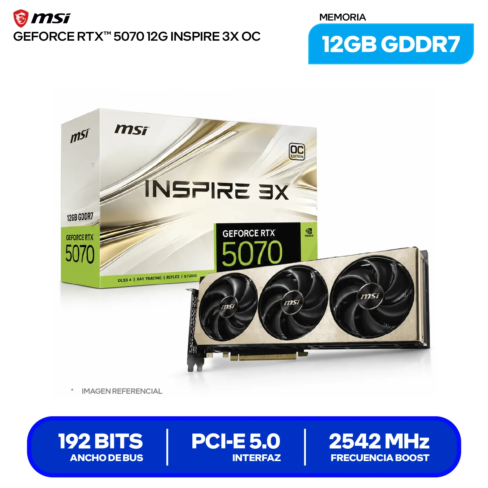 Tarjeta de video MSI NVIDIA GeForce RTX 5070 Inspire 3X OC 12GB (912-V532-211) GDDR7, 3x DisplayPort, 1x HDMI