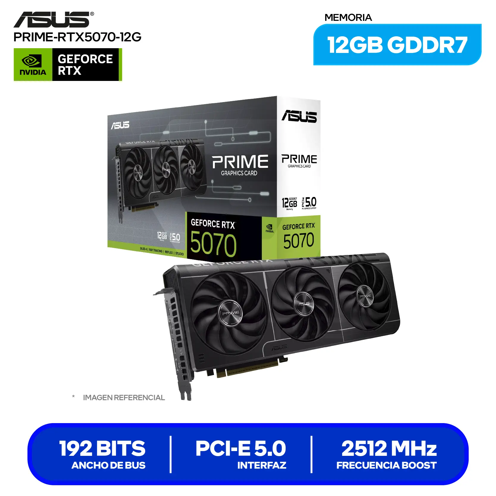 Tarjeta de video ASUS Prime GeForce RTX 5070 12GB OC Edition (PRIME-RTX5070-O12GB) GDDR7, 3x DisplayPort, 1x HDMI