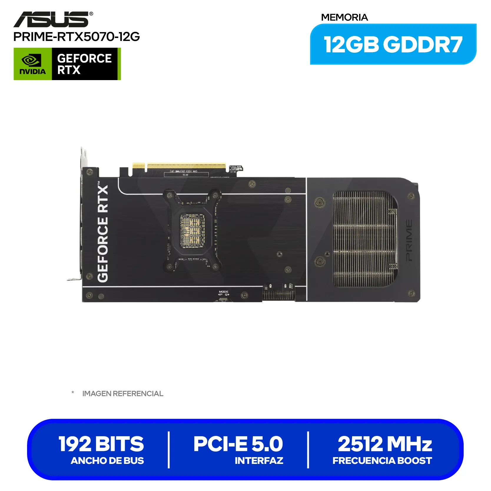 Tarjeta de video ASUS Prime GeForce RTX 5070 12GB OC Edition (PRIME-RTX5070-O12GB) GDDR7, 3x DisplayPort, 1x HDMI
