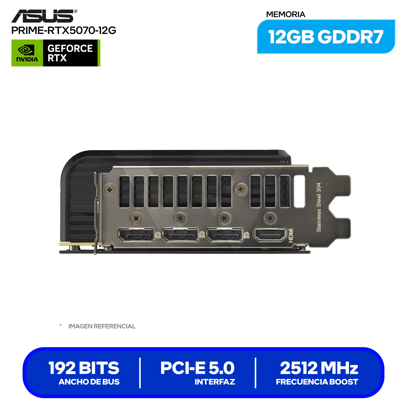 Tarjeta de video ASUS Prime GeForce RTX 5070 12GB OC Edition (PRIME-RTX5070-O12GB) GDDR7, 3x DisplayPort, 1x HDMI