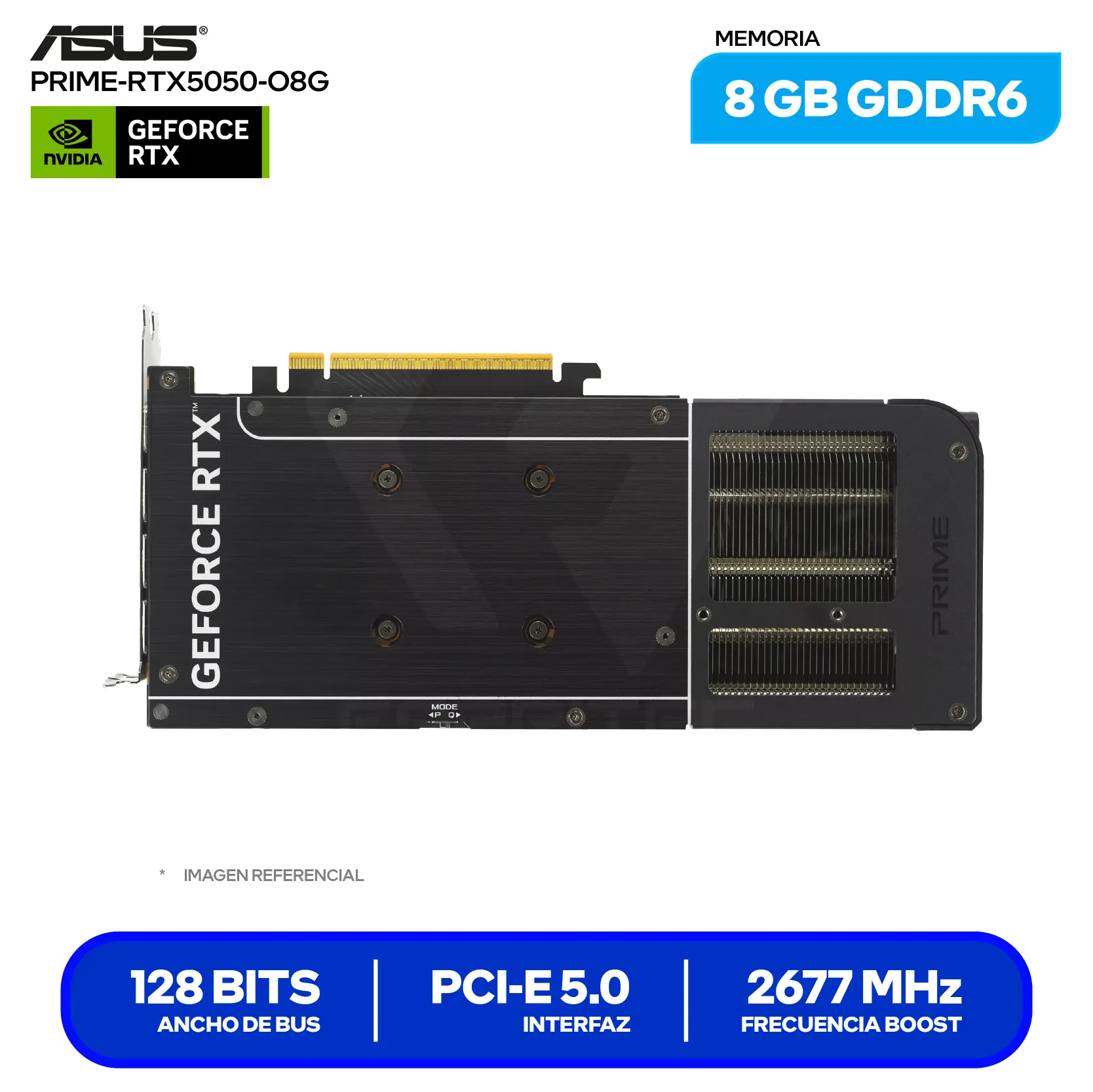 Tarjeta de video Asus Prime NVIDIA GeForce RTX 5050 8GB OC Edition (PRIME-RTX5050-O8G) GDDR6, 3x DisplayPort 2.1, 1x HDMI 2.1