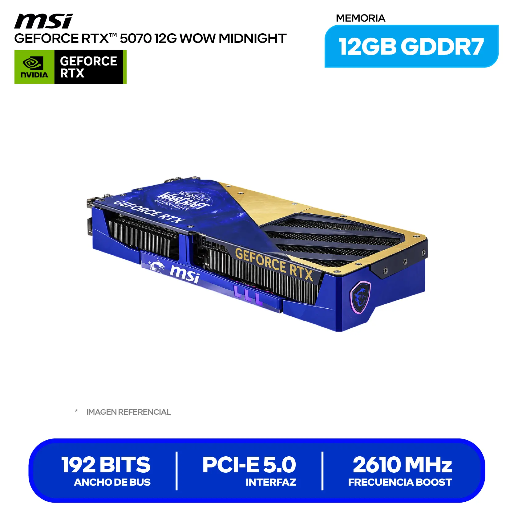 Tarjeta de video MSI GeForce RTX 5070 World of Warcraft Midnight Void Edition OC 12GB (G507012WMVEC) GDDR7, 3x DisplayPort 2.1, 1x HDMI 2.1