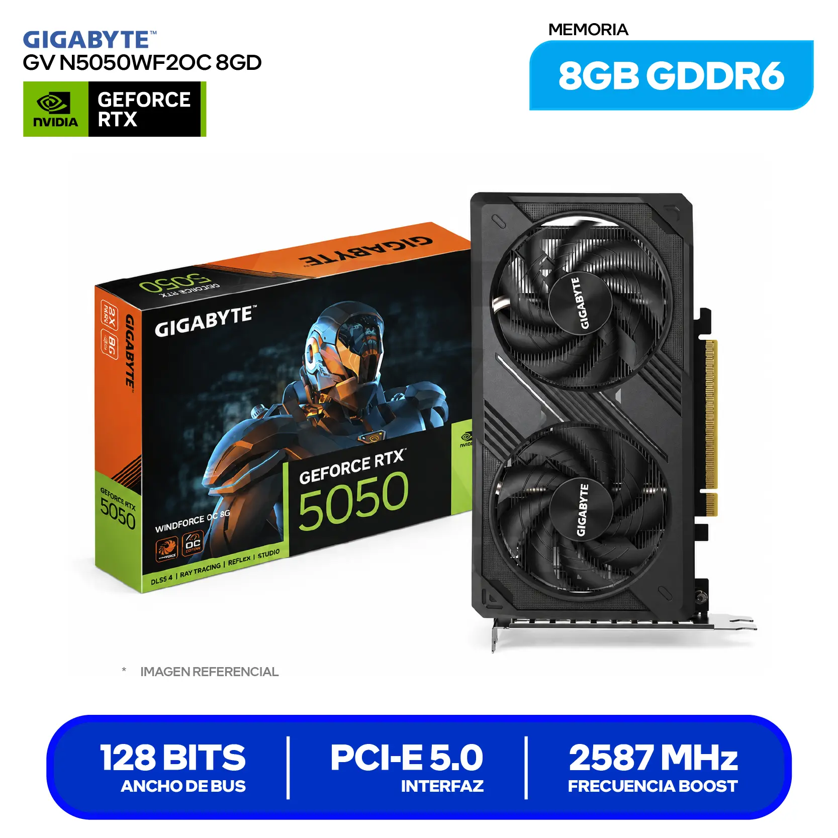Tarjeta de video GIGABYTE NVIDIA GeForce RTX 5050 WINDFORCE OC 8GB (GV-N5050WF2OC-8GD) GDDR6, 2x DisplayPort 2.1, 2x HDMI 2.1
