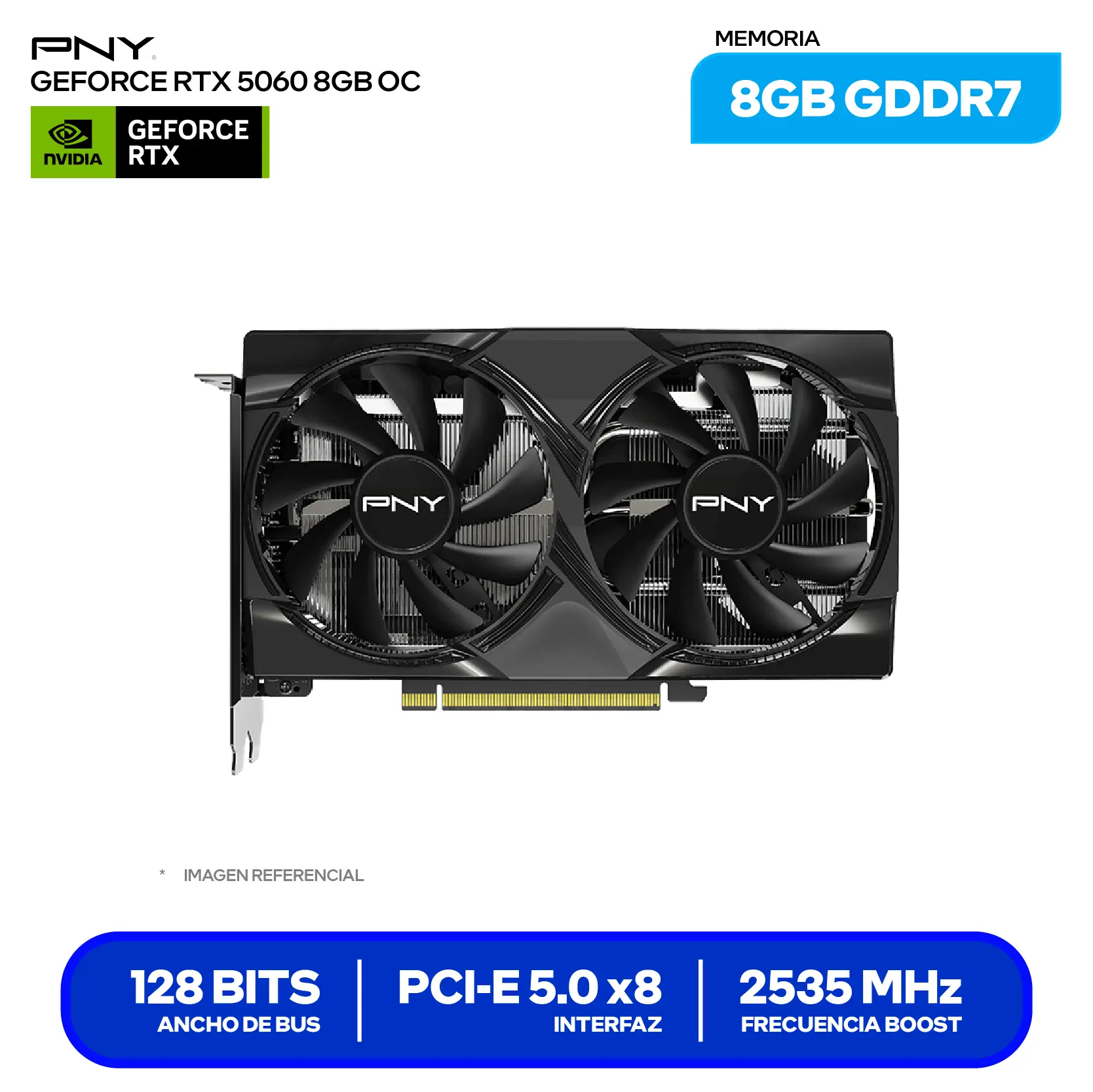 Tarjeta de video PNY GeForce NVIDIA RTX 5060 8GB OC (VCG50608DFXPB1-O) GDDR7, 3x DisplayPort 2.1, HDMI 2.1