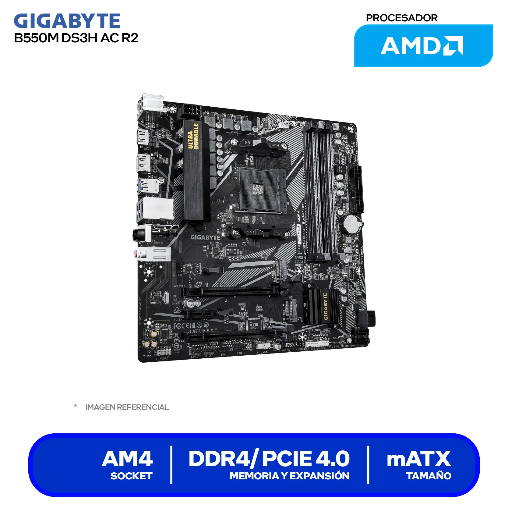 Placa madre Gigabyte B550M DS3H AC R2 AM4 (B550M DS3H AC R2) DDR4, Micro-ATX, Wi-Fi