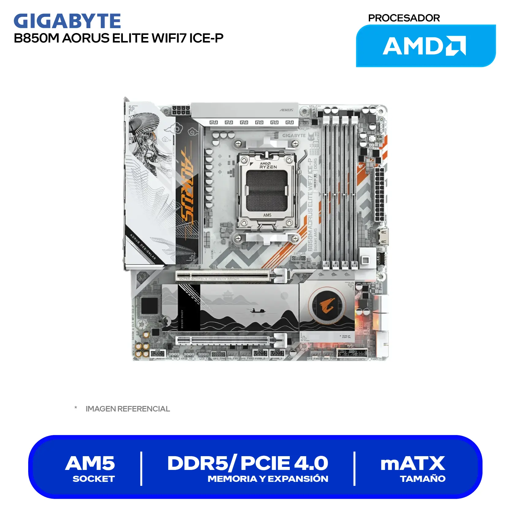 Placa madre Gigabyte B850M Aorus Elite WiFi7 ICE-P AM5 (9MB85ME7P-00-G11) DDR5, Micro-ATX, Wi-Fi 7