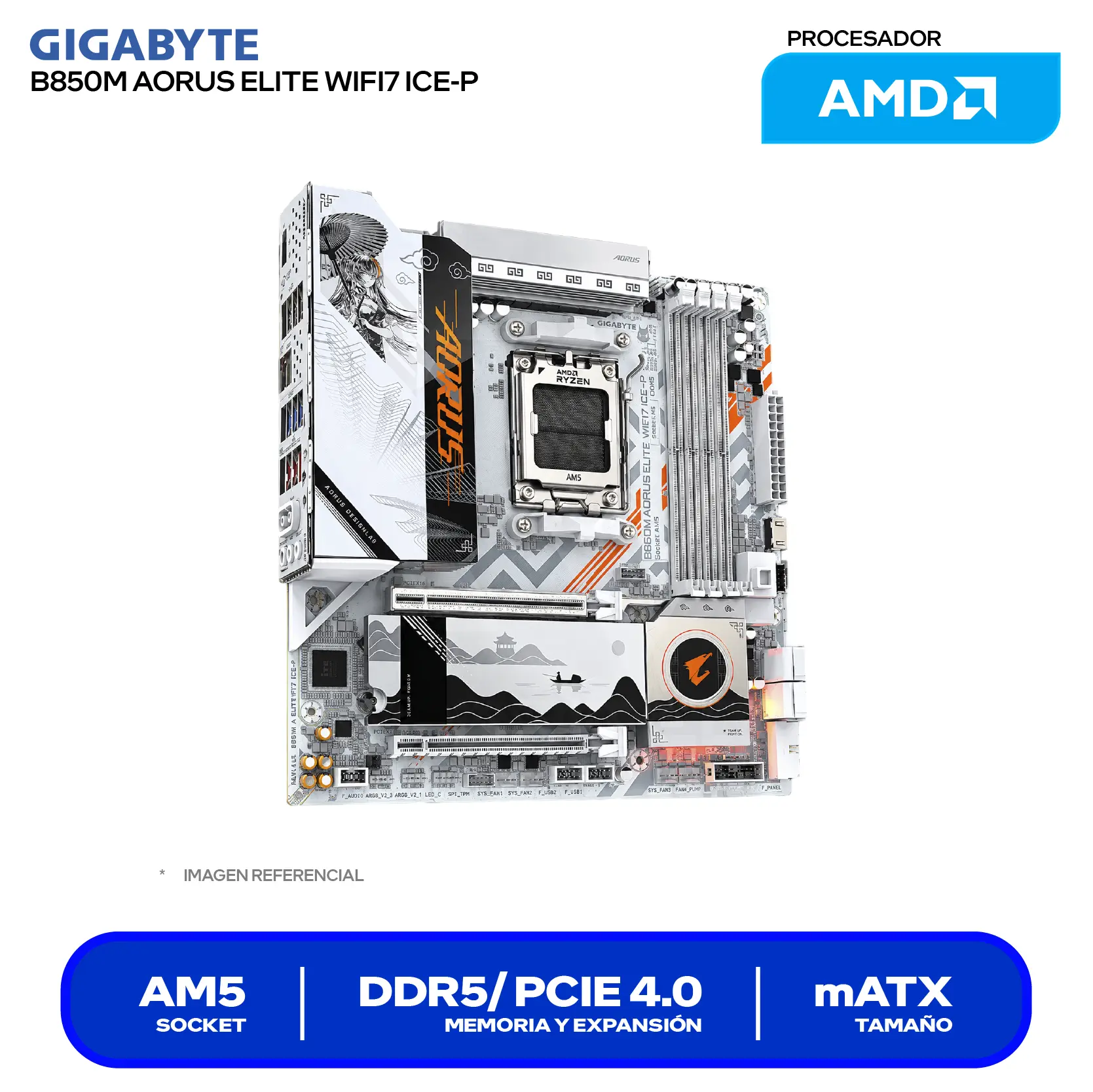 Placa madre Gigabyte B850M Aorus Elite WiFi7 ICE-P AM5 (9MB85ME7P-00-G11) DDR5, Micro-ATX, Wi-Fi 7