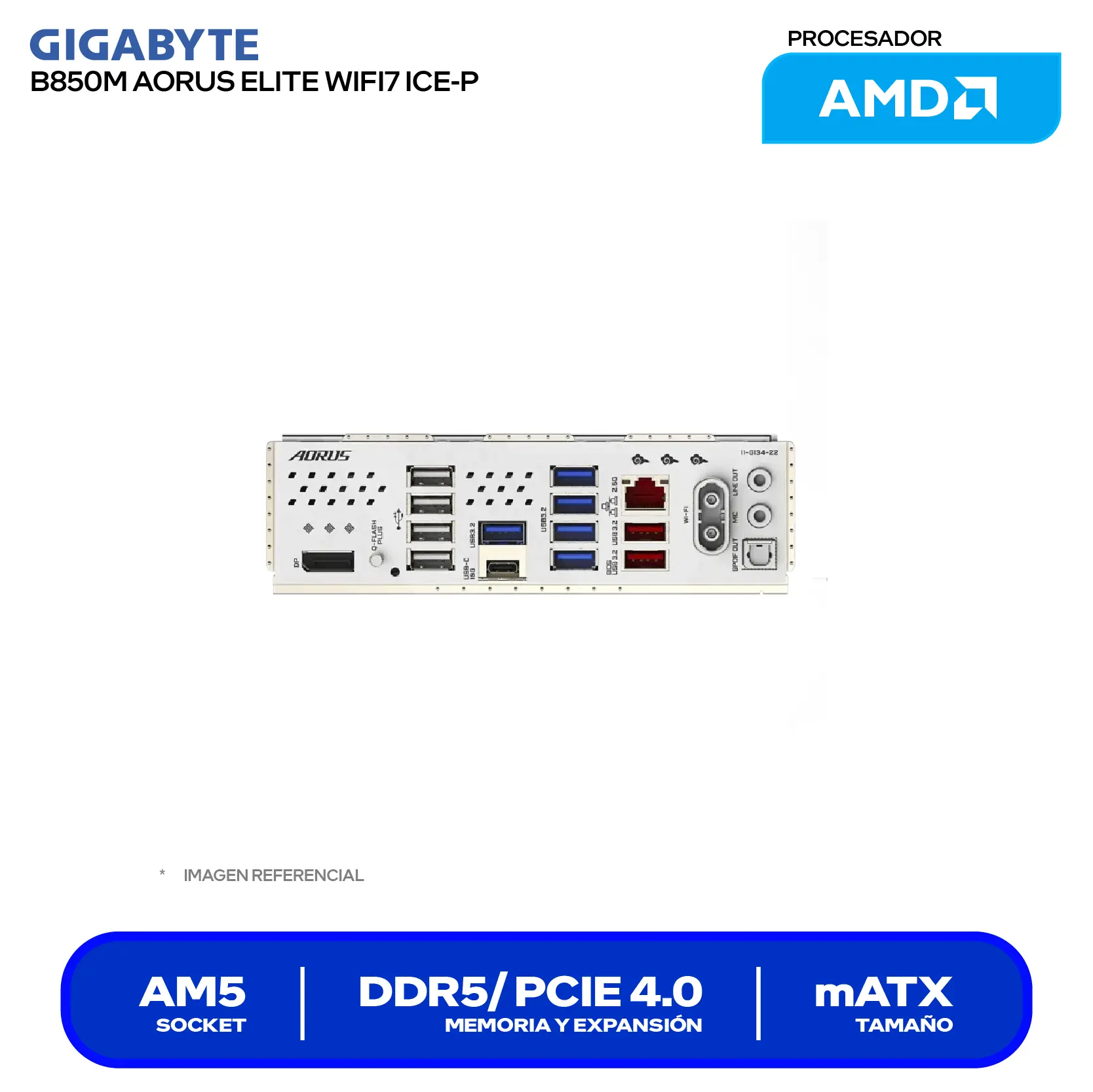Placa madre Gigabyte B850M Aorus Elite WiFi7 ICE-P AM5 (9MB85ME7P-00-G11) DDR5, Micro-ATX, Wi-Fi 7