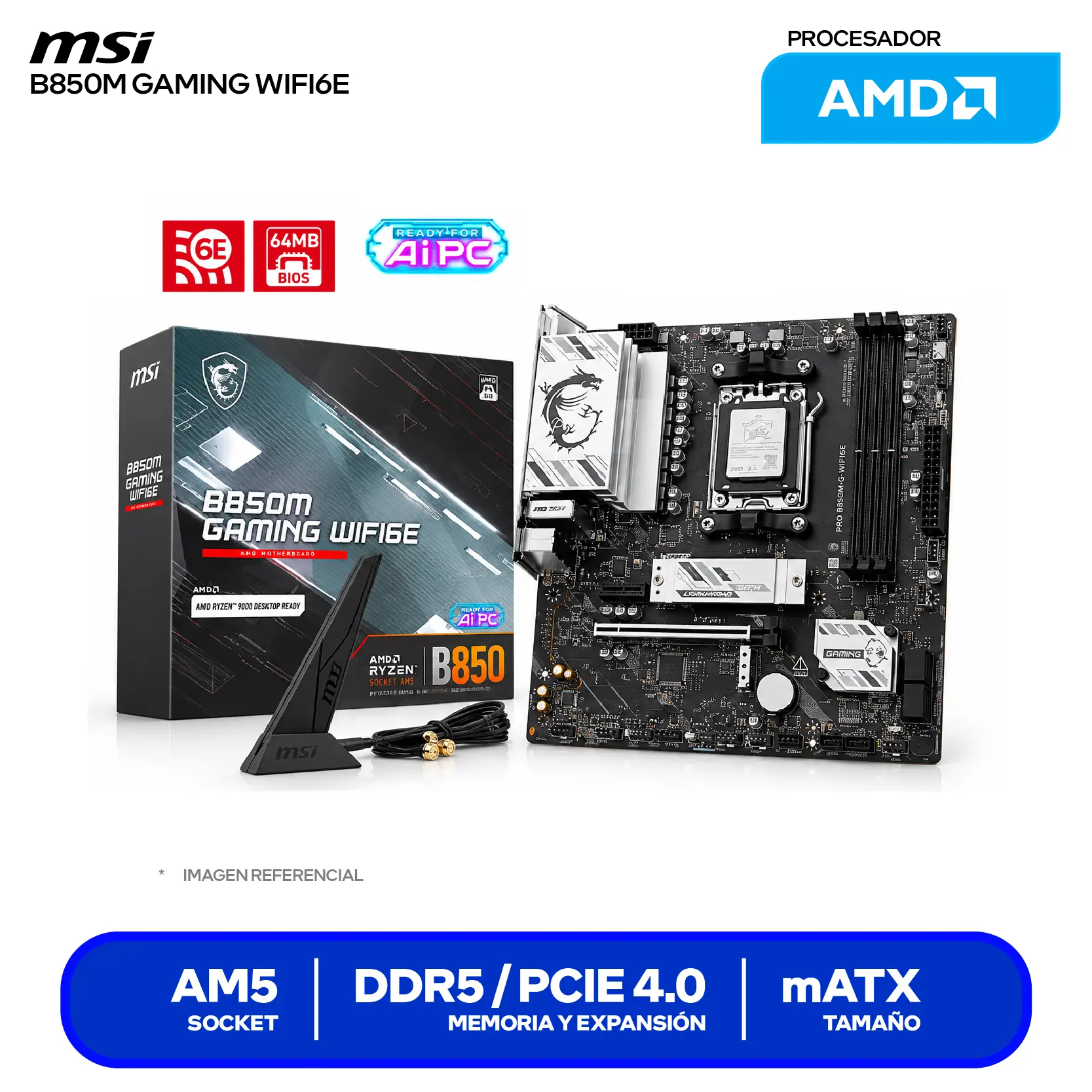 Placa Madre MSI B850M GAMING WIFI6E (B850M GAMING WIFI6E) AM5, DDR5, mATX