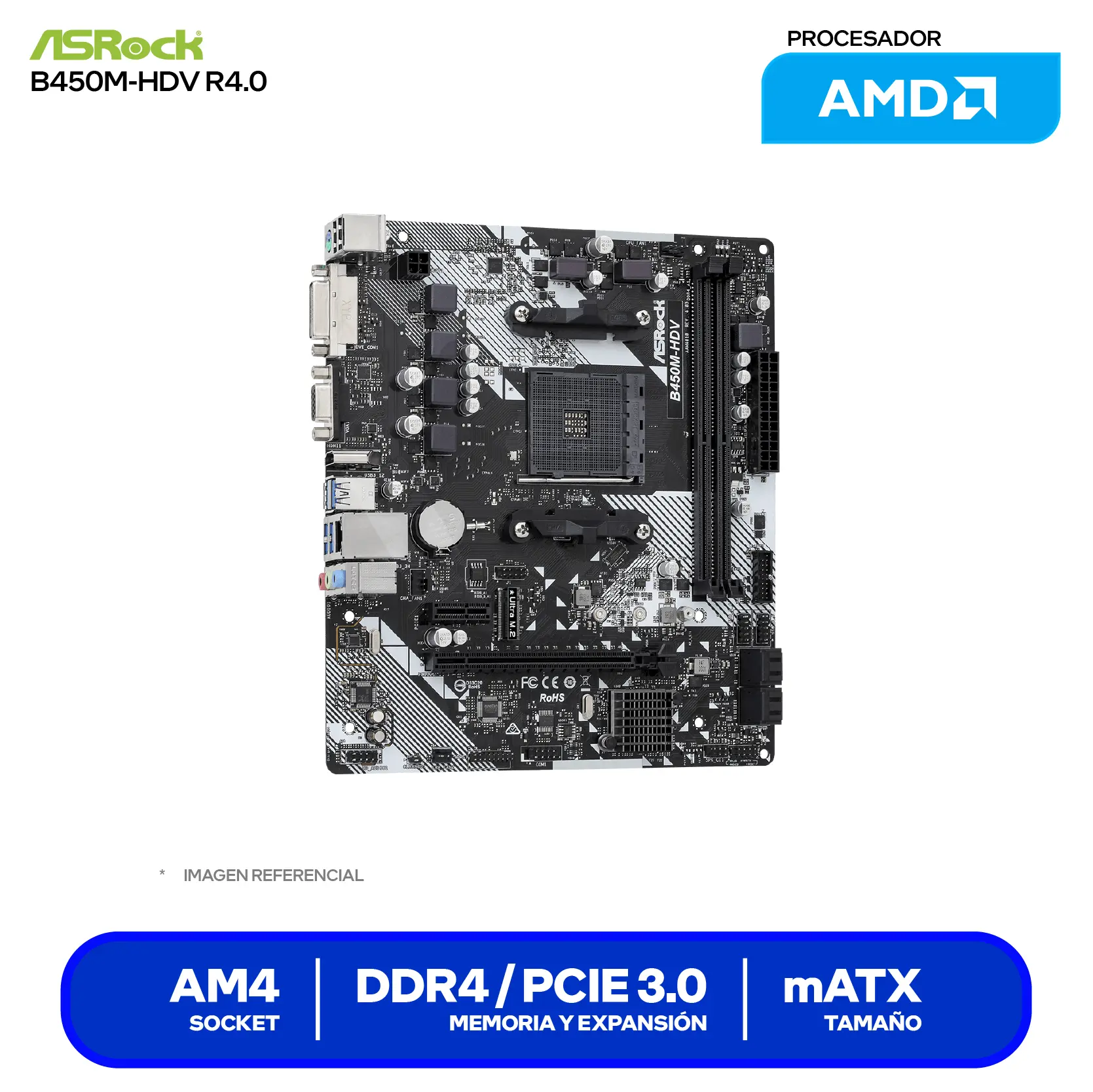 Placa Madre ASRock B450M-HDV R4.0 (90-MXB9N0-A0UAYZ) AM4, DDR4, mATX