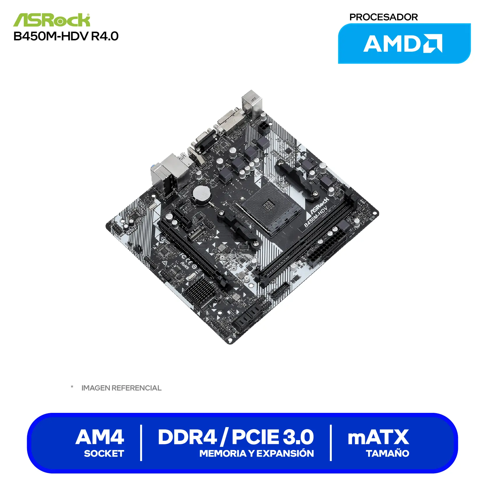 Placa Madre ASRock B450M-HDV R4.0 (90-MXB9N0-A0UAYZ) AM4, DDR4, mATX