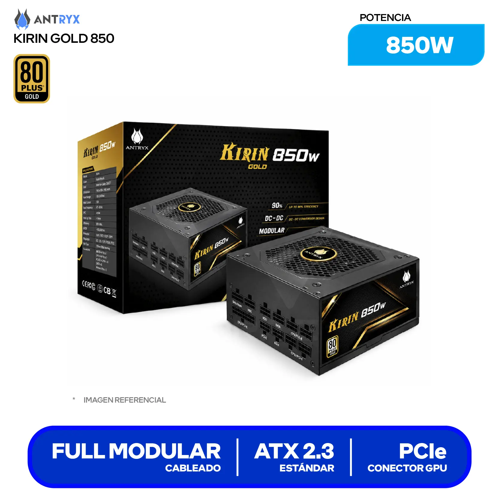 Fuente de Poder Antryx Kirin Gold 850W (GPX850S) 80 Plus Gold, Full Modular