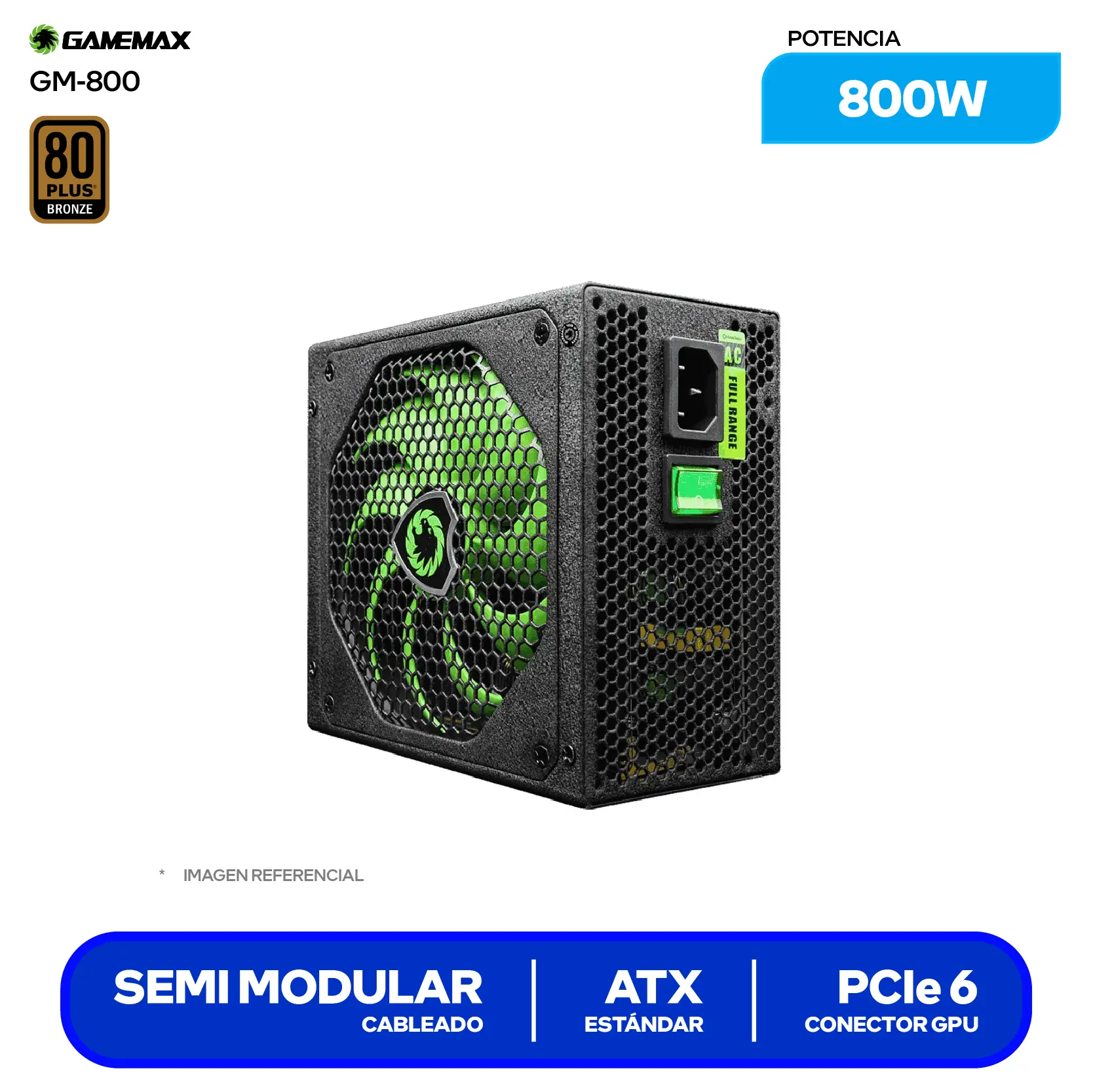 Fuente de Poder Gamemax 800W (GM-800) 80 Plus Bronze, Semi Modular