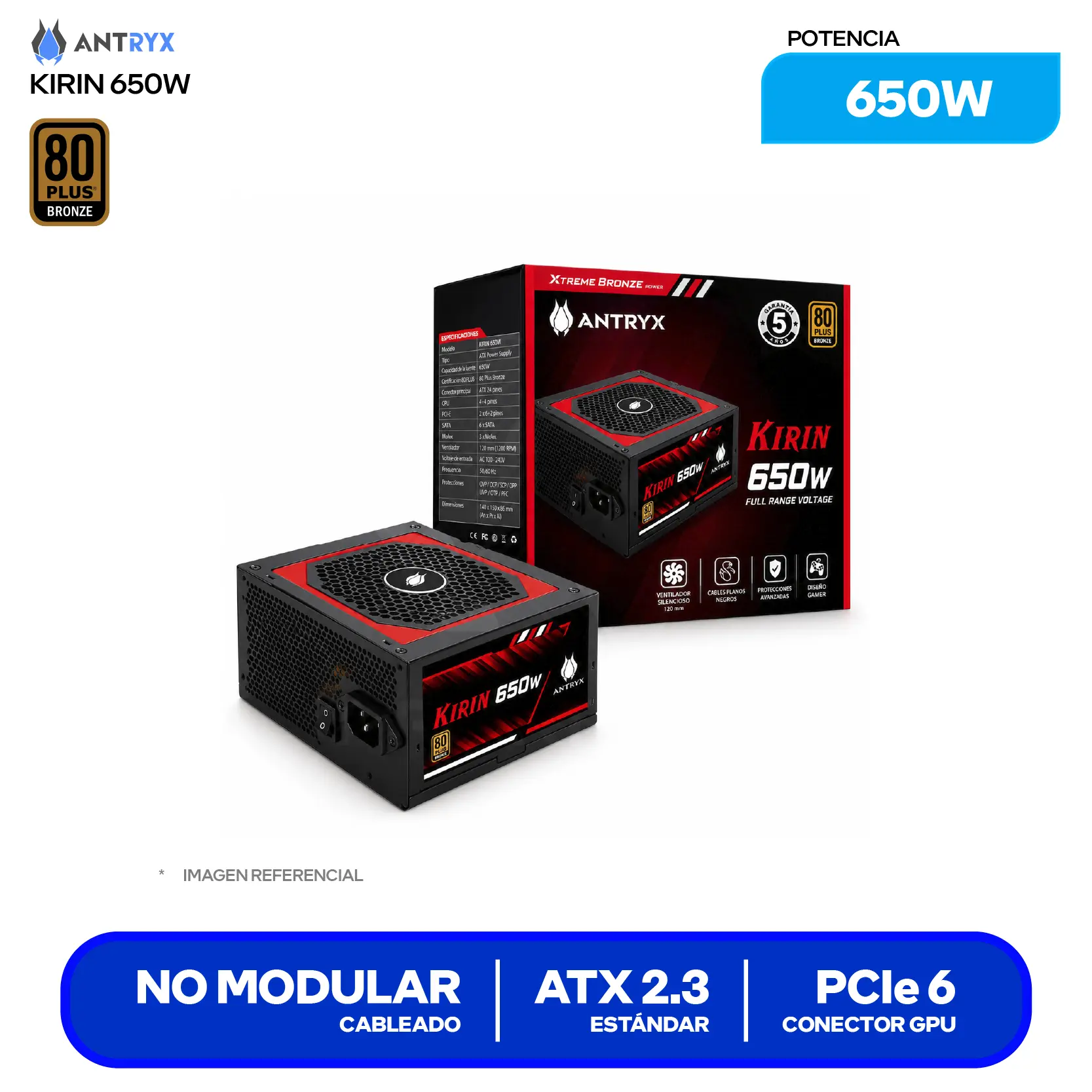 Fuente de Poder Antryx Kirin 650W (AP-KB650) 80 Plus Bronze, No Modular