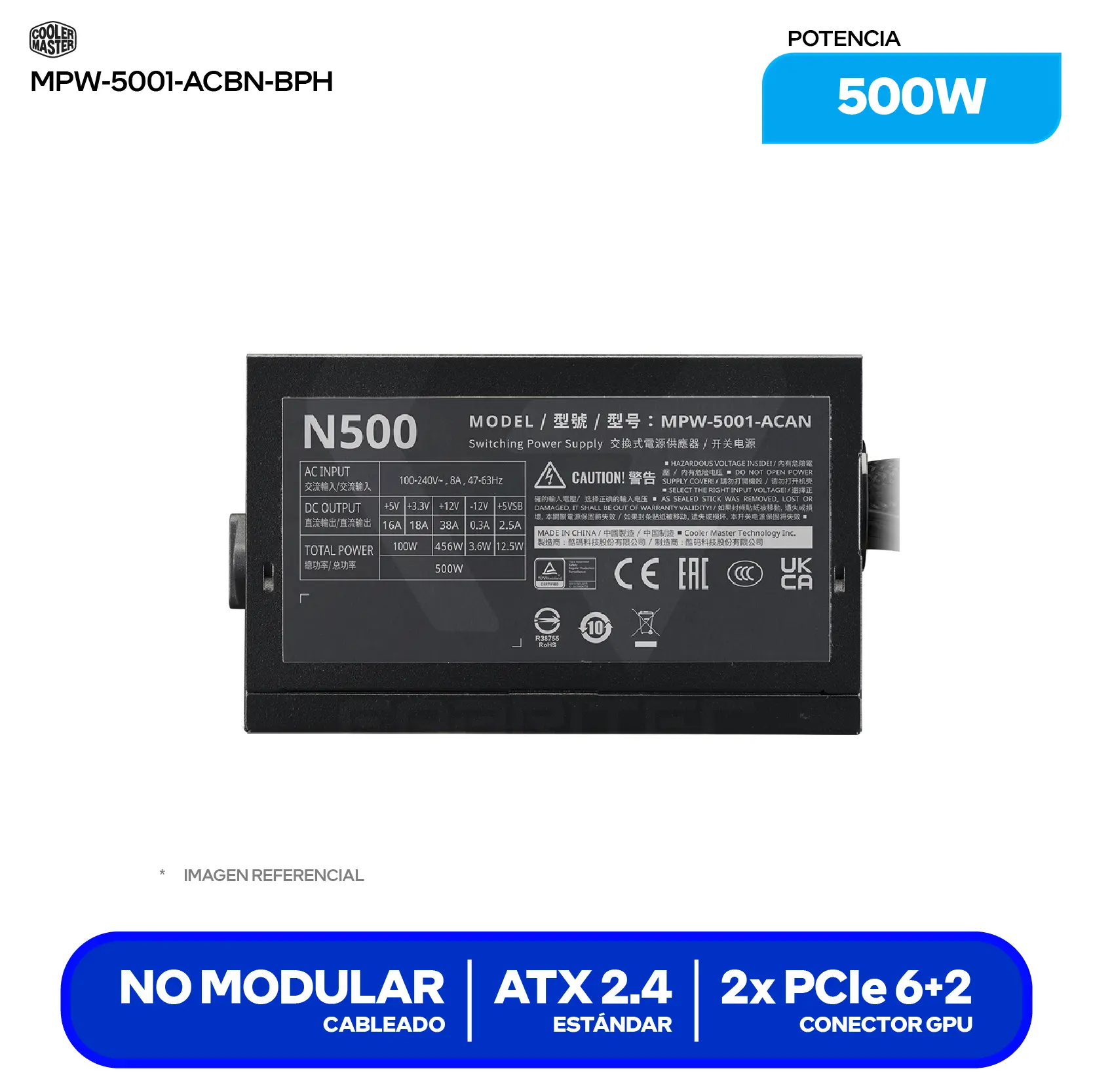 Fuente de Poder Cooler Master Elite Nex N500 500W (MPW-5001-ACAN-BUS) No Modular