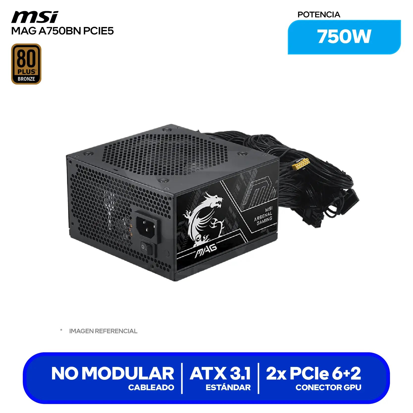 Fuente de Poder MSI MAG A750BN III 750W (MAG A750BN PCIE5) 80 Plus Bronze, No Modular