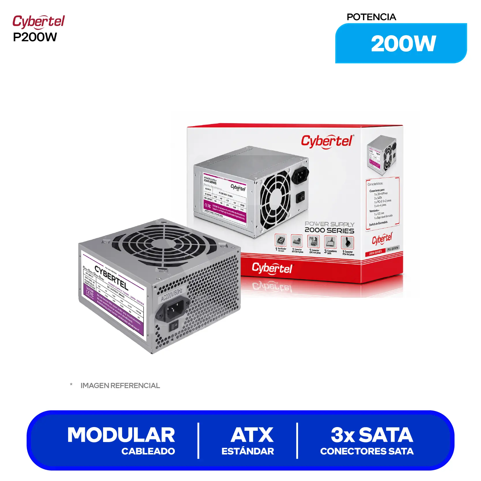 Fuente de Poder Cybertel Power Supply ATX 200W (P200W) No Modular