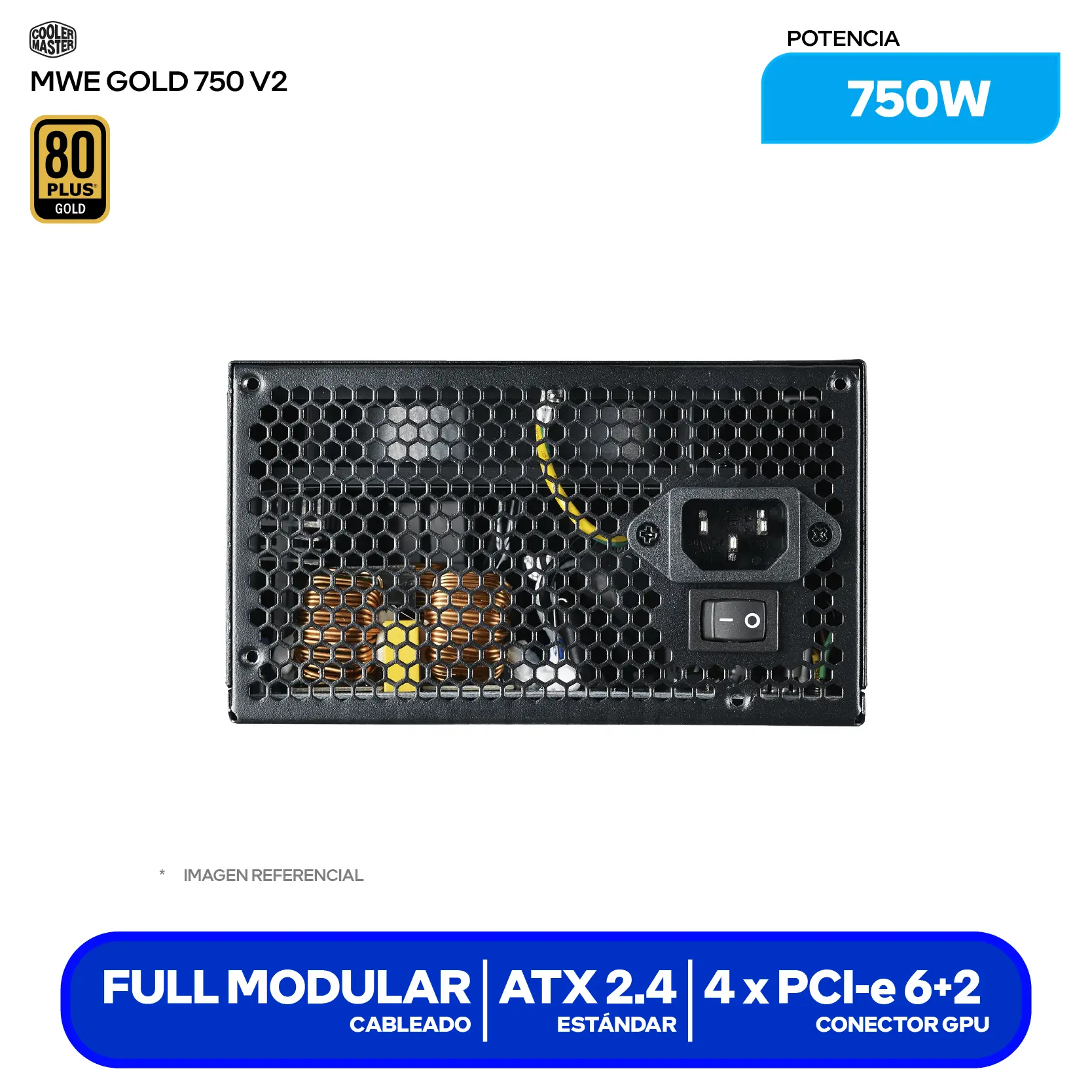 Fuente de Poder Cooler Master MWE Gold 750 V2 750W (MPE-7501-AFAAG-U2) 80 Plus Gold, Full Modular