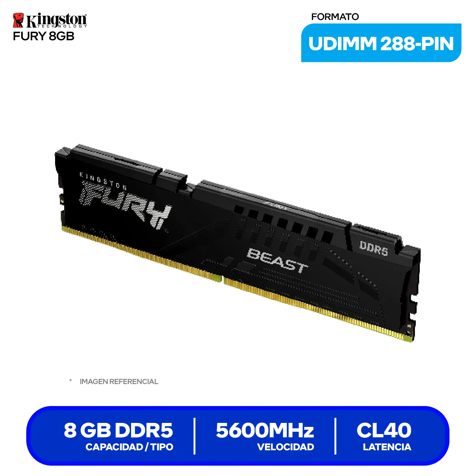 Memoria UDIMM Kingston Fury Beast (KF556C40BB-8) 8GB, DDR5, 5600 MHz
