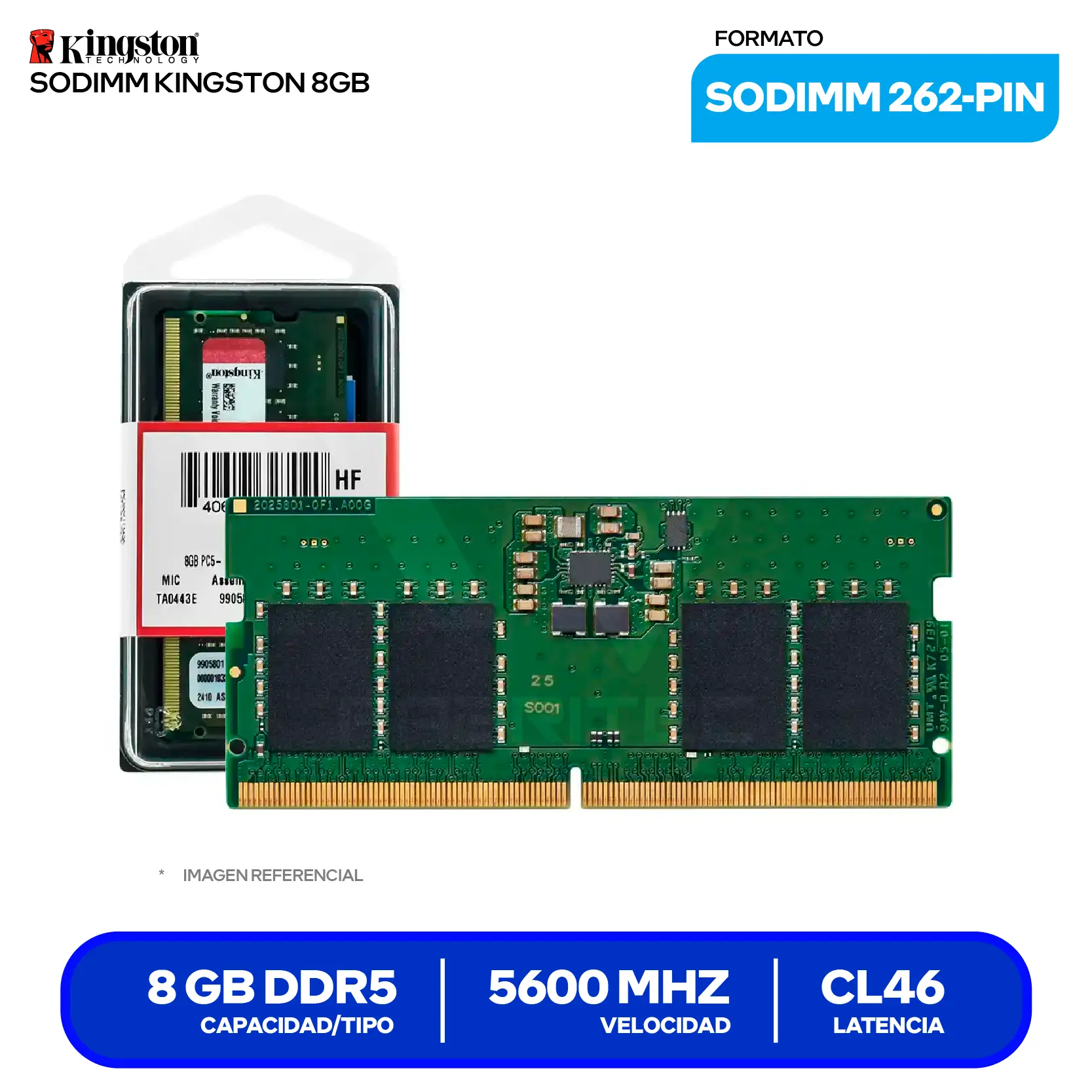 Memoria SO-DIMM Kingston (KCP556SS6-8) 8GB, DDR5, 5600 MHz