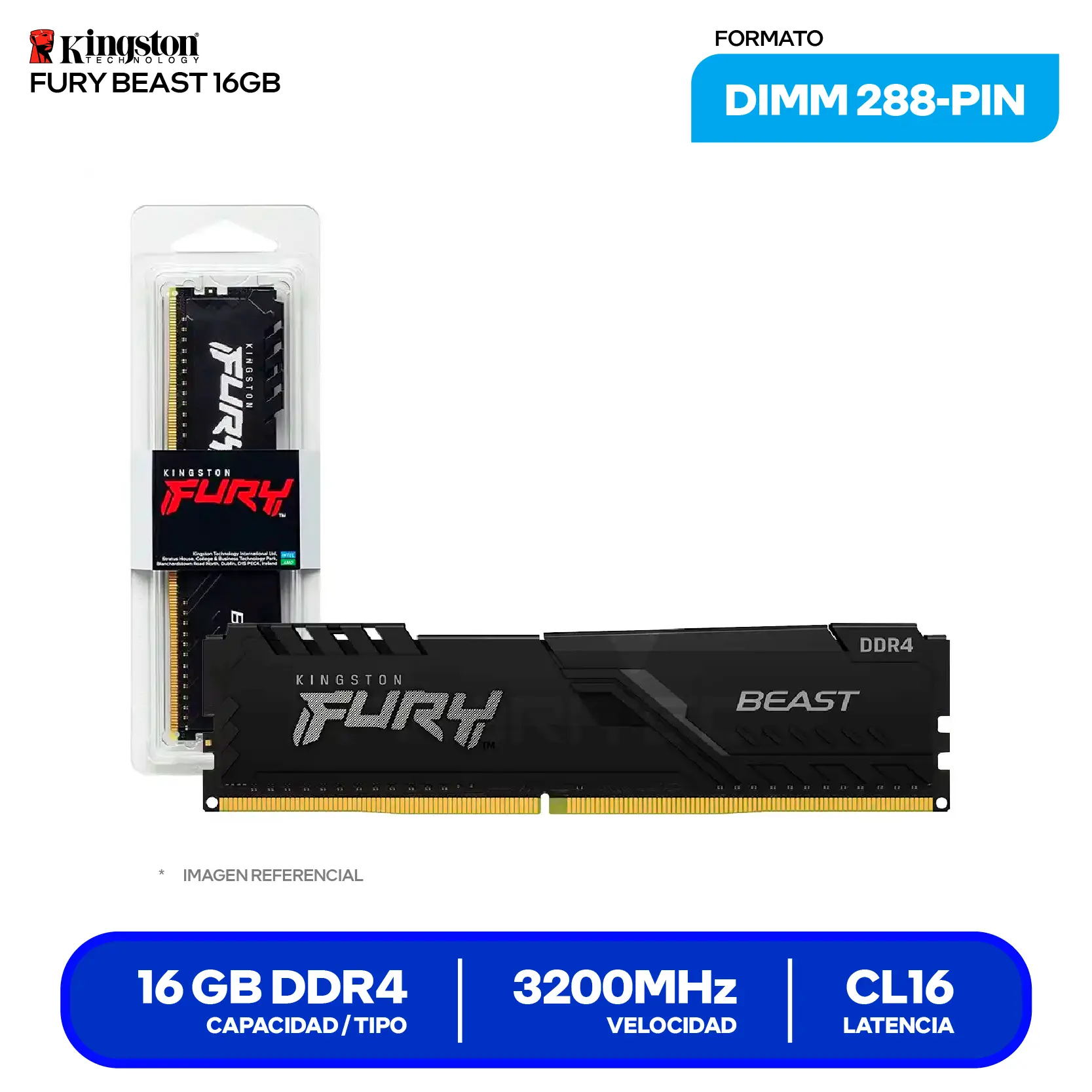 Memoria DIMM Kingston Fury Beast (KF432C16BB1-16) 16GB, DDR4, 3200 MHz