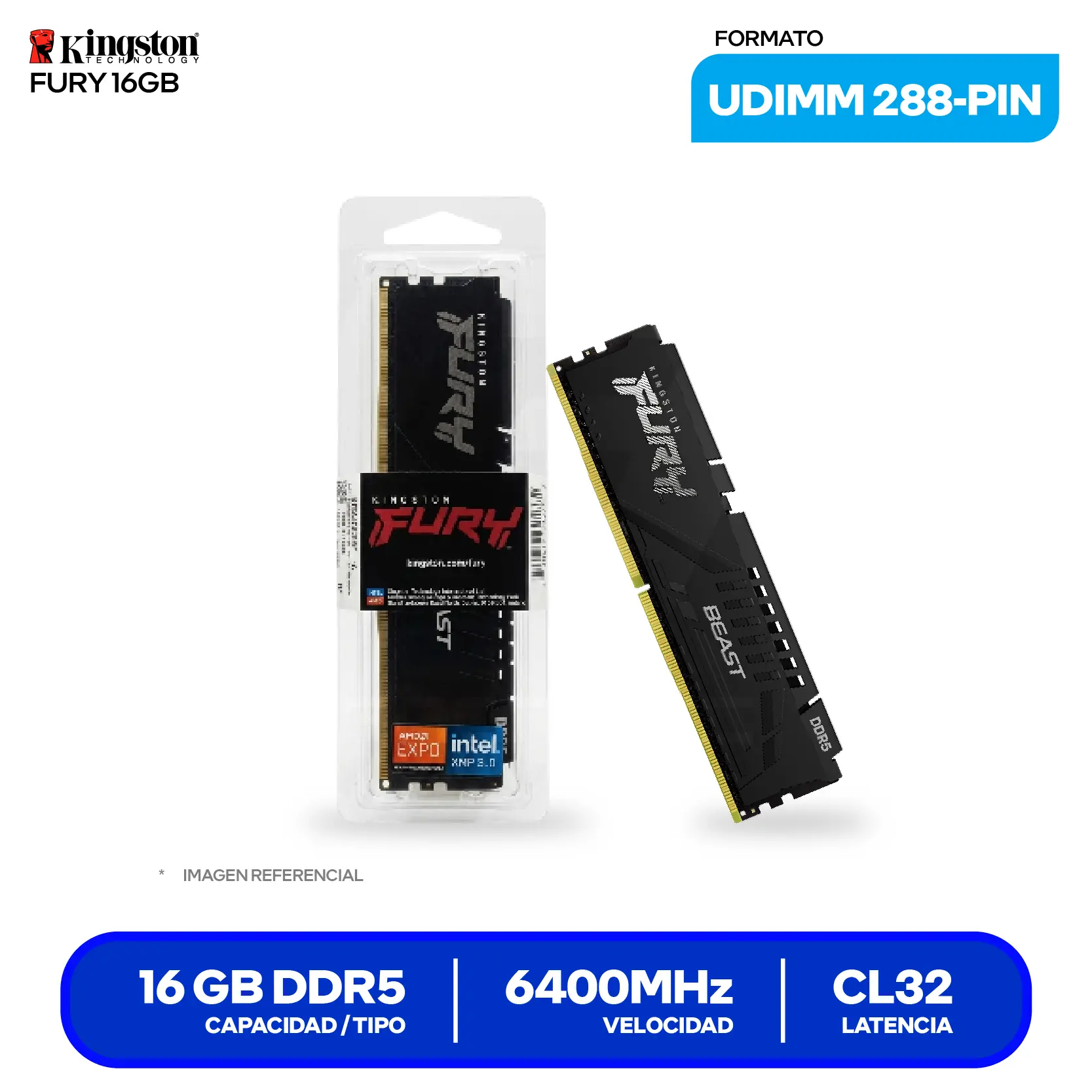 Memoria DIMM Kingston Fury Beast (KF564C32BBE-16) 16GB, DDR5, 6400 MHz