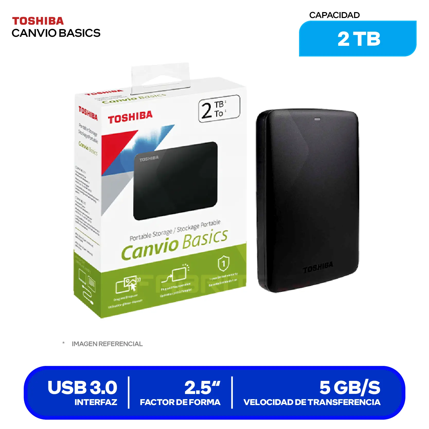 Disco Duro Externo Toshiba Canvio Basics 2TB (HDTB520XK3AA) USB 3.0, 2.5"